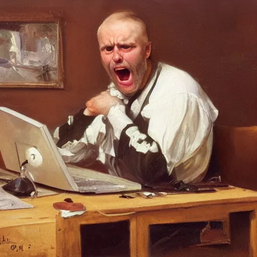 Image similar to an angry man yells at his computer monitor, oil on canvas, 1 8 8 3, highly detailed