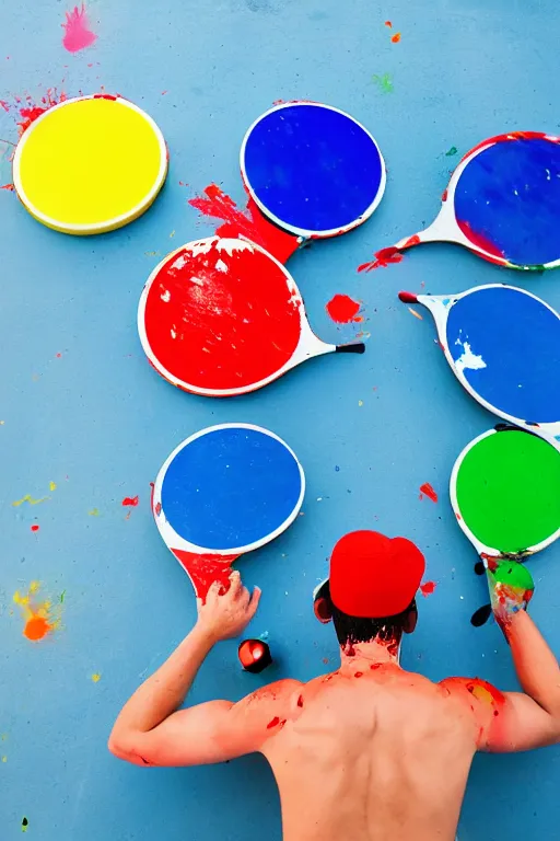 Image similar to man playing table tennis, paddle and ball, colorful paint splatters