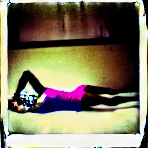 Prompt: a Polaroid photo of a woman lying in a liminal space