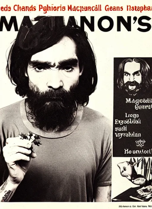 Image similar to vintage pharamaceutical magazine advertisement depicting charles manson eating flowers