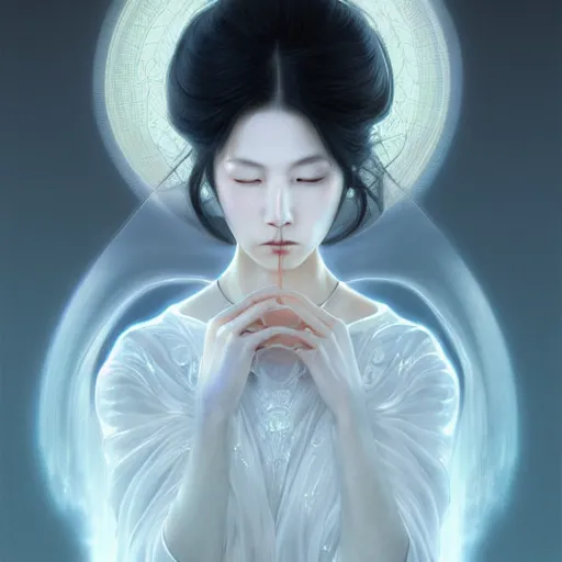 Image similar to ultra realistic illustration, a japanese female digital ghost queen, transparent, static, intricate, elegant, highly detailed, digital painting, artstation, concept art, smooth, sharp focus, illustration, art by artgerm and greg rutkowski and alphonse mucha