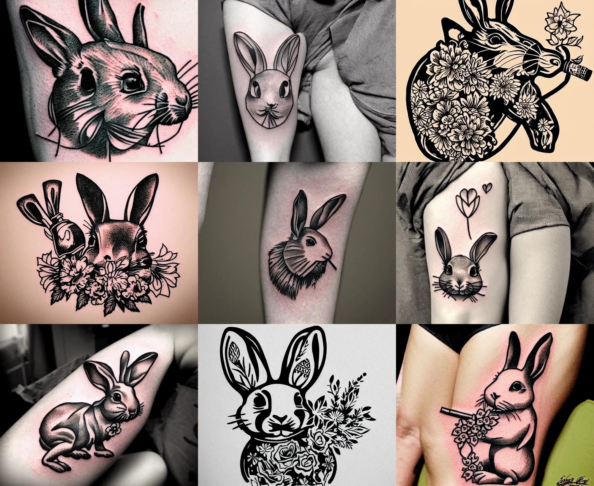 Prompt: well - detailed tattoo stencil of a floral rabbit smoking a cigarette