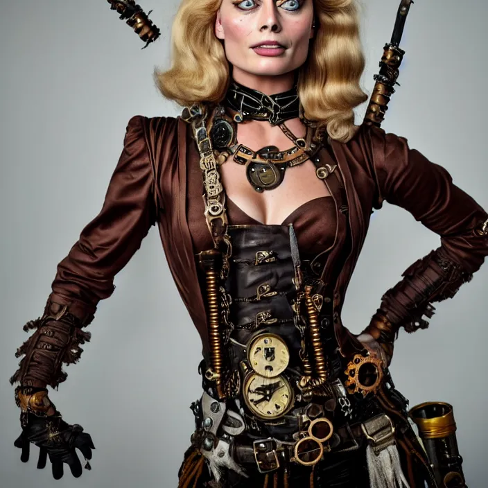 Prompt: full length portrait photograph of a margot robbie as a steampunk warrior. Extremely detailed. 8k