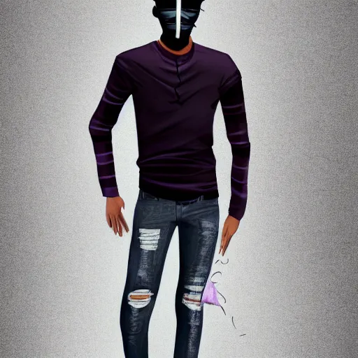 Prompt: professional sketch of a full-body view of a stylish young adult man with short hair wearing a black face mask, a striped long-sleeved shirt, and ripped jeans, high quality, HD, 8K, highly detailed, award-winning, dark purple clouds