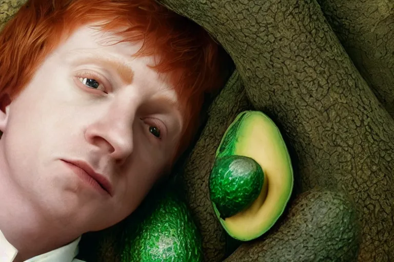 Image similar to an ultra realistic, cinematic, headshot portrait, of ron weasley lying down with an avocado, fantasy, avocado, facial features, background of hogwarts, with trees and rivers, detailed, deep focus, movie still, dramatic lighting, ray tracing, by michal karcz and yoshitaka amano