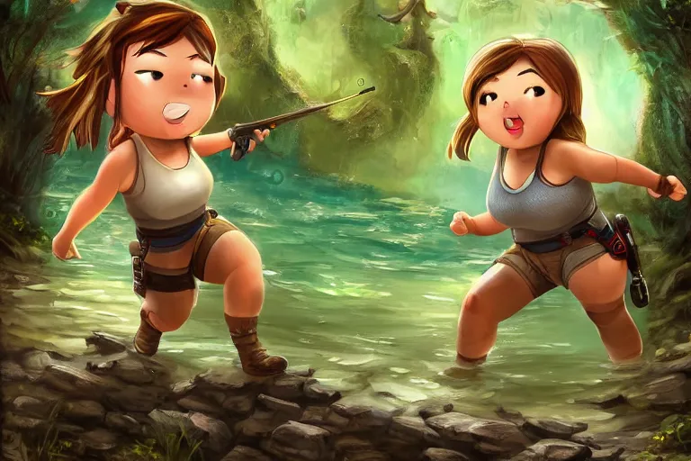 Prompt: wide shot of obese Chibi derpy Lara Croft climbing out of a roaring ancient river, fireflies by Lilia Alvarado