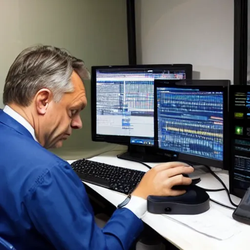 Image similar to viktor orban programming a computer in a cubicle, oil painting