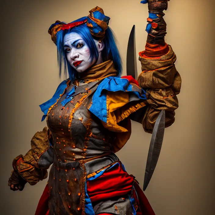 Image similar to full body photo of a real - life beautiful female jester warrior, 8 k, hdr, smooth, sharp focus, high resolution, award - winning photo