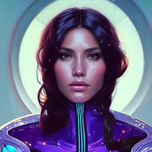 Image similar to Portrait of very very very very very very beautiful Latina woman, spacesuit, purple eyes, intricate, elegant, highly detailed, digital painting, artstation, concept art, smooth, sharp focus, illustration, art by artgerm and greg rutkowski and alphonse mucha