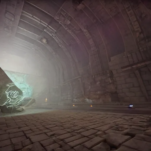 Image similar to an underground ancient temple corridor full of traps by Makoto Shinkai, pressure plate, tripwire, rolling boulder trap, epic composition