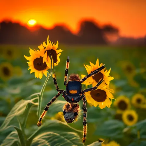 Image similar to spider sitting on a sunflower, cow in the background, depth of field, ultra realistic, cinema, sunset, photo