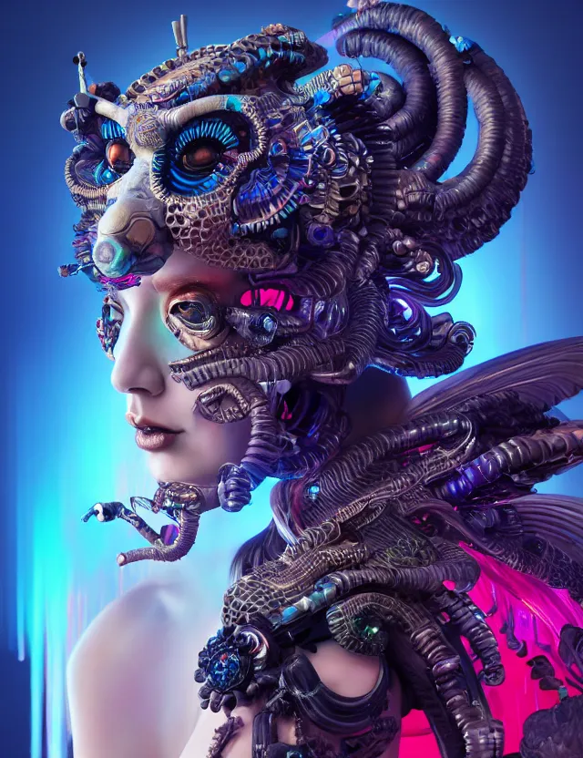 Image similar to 3 d goddess close - up profile portrait cyberpunk with ram skull. beautiful intricately detailed japanese crow kitsune mask and clasical japanese kimono. betta fish, jellyfish phoenix, bio luminescent, plasma, ice, water, wind, creature, artwork by tooth wu and wlop and beeple and greg rutkowski