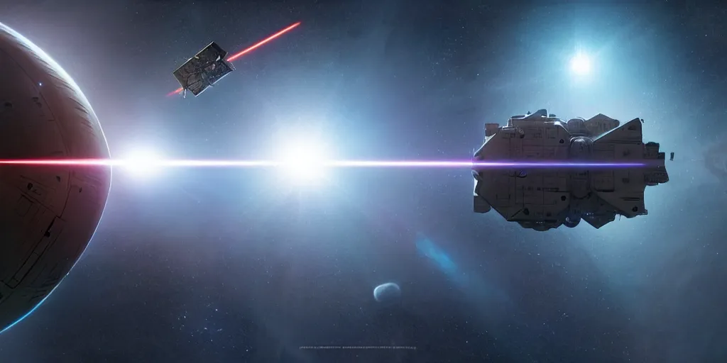 Image similar to hyper realistic sci - fi matte concept art painting of a space satellite shooting a laser down at earth, beautiful details, strong composition painted by kim jung guweta studio rutkowski, james gurney and greg rutkowski, and lucasfilm, smooth, intricate, detailed, sharp focus, cinematic