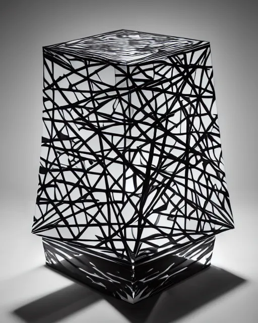 Prompt: sculptural table lamp designed by iris van herpen and m. c. escher, painted metal and glass, advertising photography