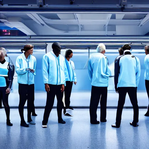 Image similar to group of identical athletic humans with light blue neoprene suits and white hair standing in a line on a conveyor belt, background of advanced futuristic laboratory, sci - fi, highly detailed, hyperrealistic