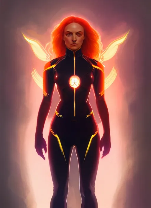 Prompt: symmetry portrait of dark phoenix, sci - fi, tech wear, glowing lights, intricate, elegant, highly detailed, digital painting, artstation, concept art, smooth, sharp focus, illustration, art by artgerm and greg rutkowski and alphonse mucha