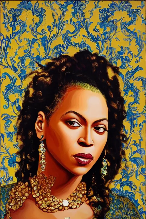 Prompt: Beyonce, portrait by Kehinde Wiley!!, oil paint on canvas, brushstrokes,