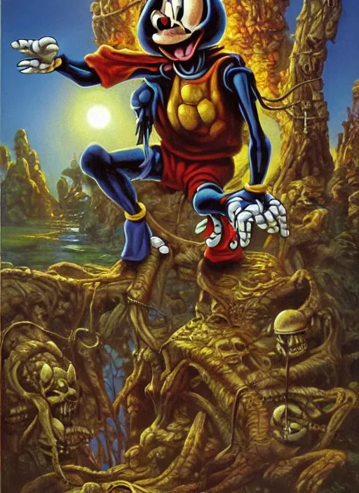 Image similar to an oil painting of mickey mouse skeletor by jeff easley and earl norem, american realism, poster art, highly detailed