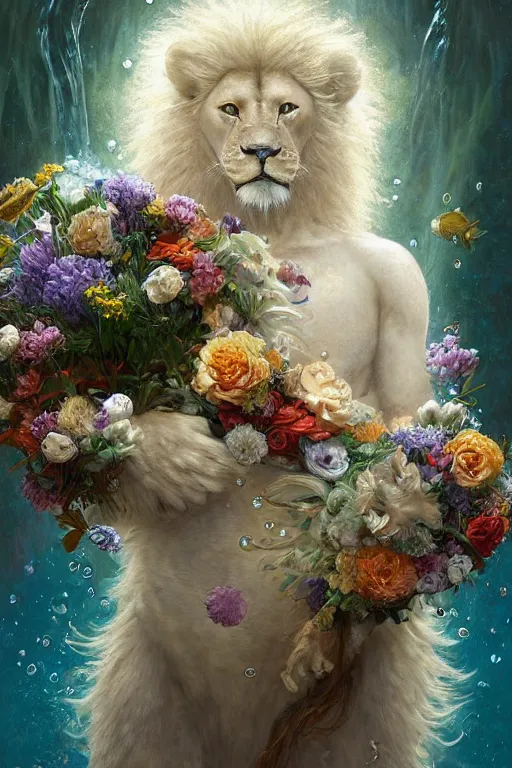 Image similar to portrait of a beautiful mysterious albino male furry anthro lion holding a bouquet of flowing flowers, mane flowing upwards, small bubbles surrounding him, hands hidden under the bouquet, submerged underwater filled with colorful small fish and coral reef, fantasy, regal, intricate, by stanley artgerm lau, greg rutkowski, thomas kindkade, alphonse mucha, loish, norman rockwell