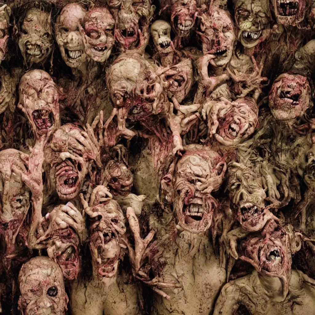 Image similar to portrait of a happy creepy mud clay people in supermarket by bob bottin and cronenberg, horror grotesque, realistic detailed photography, filth and grim, colorized 1 9 9 0's
