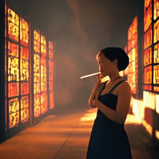 Image similar to girl smoking in a wong kar wai movie, cinematic light, atmospheric effects