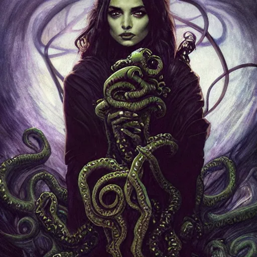 Image similar to half length portrait of ana de armas as a warlock using cthulhu tentacle eldritch magic, d & d, medieval, fantasy, royo, klimt, miro, vallejo, frazetta, alphonse mucha, greg rutkowski, whealan