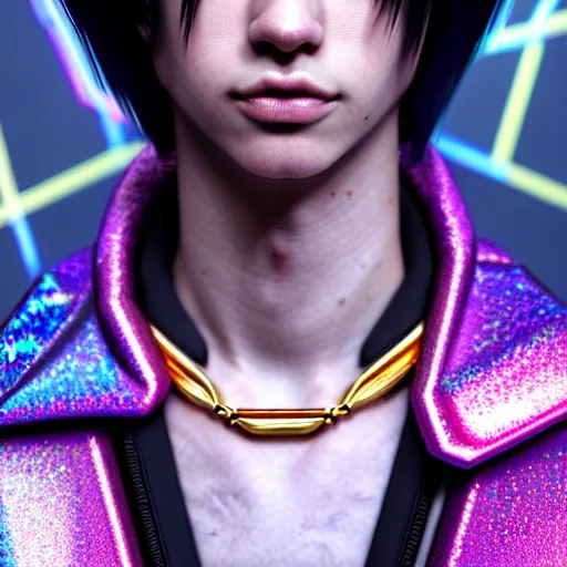 Prompt: hyperdetailed portrait of a stunningly beautiful cyberpunk cutie european boy with short dark hair guard made of iridescent metals and shiny pink gems, bright rainbow nimbus, gold necklace, gold background inspired by ross tran and masamune shirow and kuvshinov, intricate, photorealistic, octane render, rtx, hdr, unreal engine, dnd digital art by artgerm