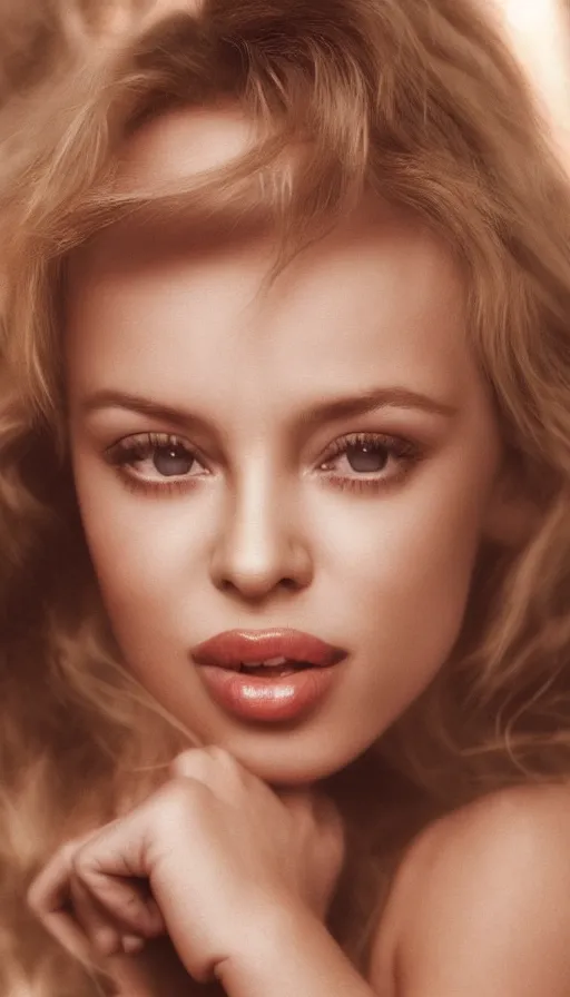 Image similar to young kylie minogue in a bikini. soft lighting. glamorous. sophisticated. studio photography. depth of field. trending on artstation. cinematic. photorealistic. bokeh.