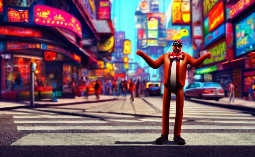 Image similar to hot dog man dancing on a street corner, cyberpunk, detailed, 4 k