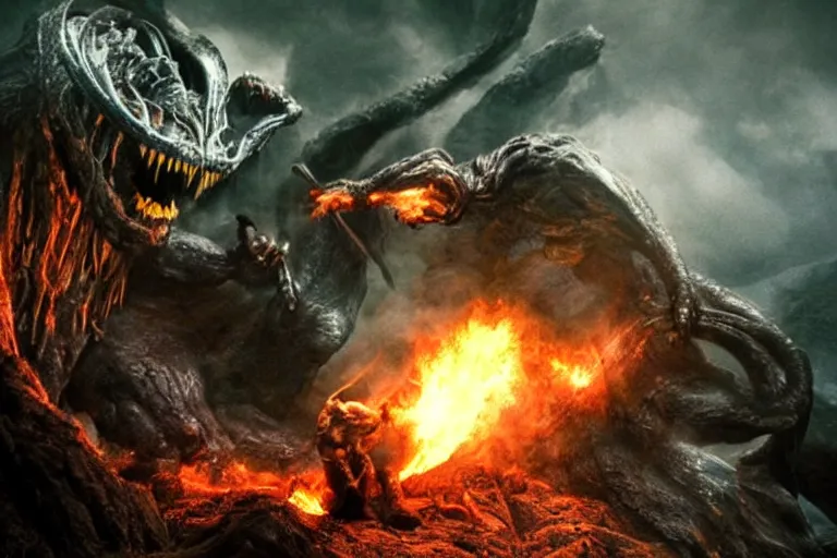 Image similar to movie still, balrog fighting gandalf at the bridge of khazad - dum, style of h. r. giger, fiery, dark, realistic movie still, cinematic, cgi,