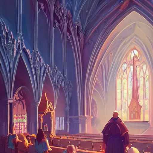 Image similar to prayers in church, intricate, elegant, fantasy, highly detailed, digital painting, concept art, sharp focus, illustration, beautiful volumetric lighting, epic light, artstation, magic hour lighting, colorful, sunshine, springtime, art by Sylvain Sarrailh