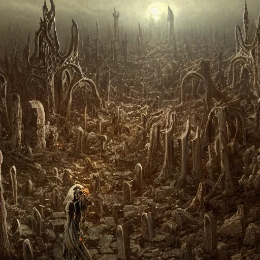 Image similar to an ominous nightmare of a river of blood spreading death and tarnation over a tarninshed graveyard in ruins, gothic, castelvania, decay and destruction, by stephen gammel, franz sedlacek, gustave dore, fromsoftware, matte painting, super wide angle, aerial photography, trending on artstation, epic masterpiece,