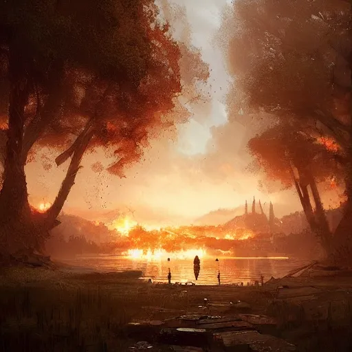 Image similar to A village by a lake of fire, concept art, matte painting, by Greg Rutkowski, artstation