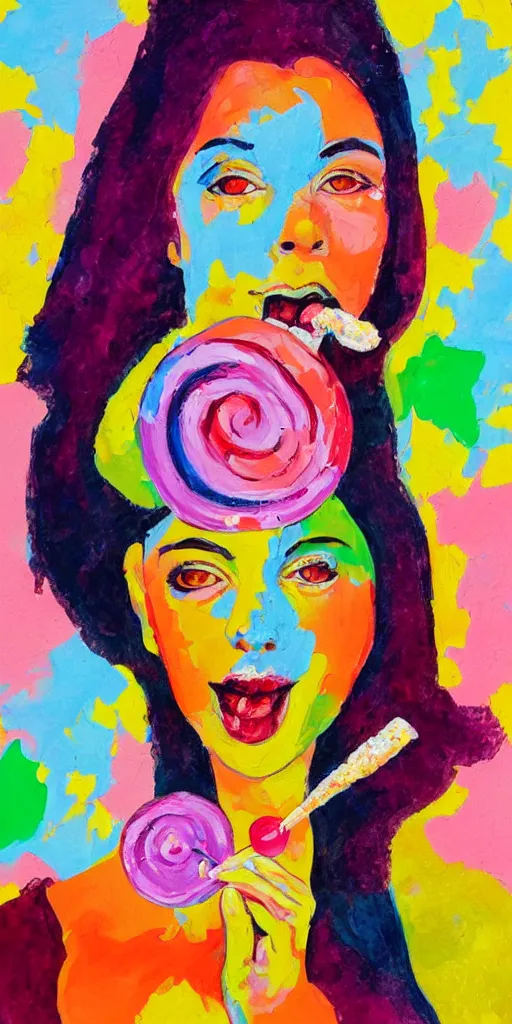 Image similar to portrait of beautiful woman licking a lollipop painted with colorful gouache impasto