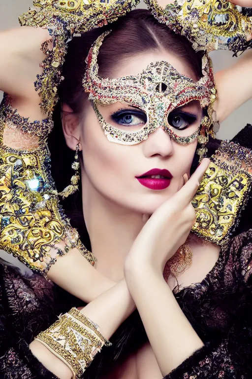 Image similar to 1 5 6 0's fashion photography, vogue cover, elaborate lights. mask on face, accurate details, ultra hd, beautiful background, hyper realistic, realistic hands and features