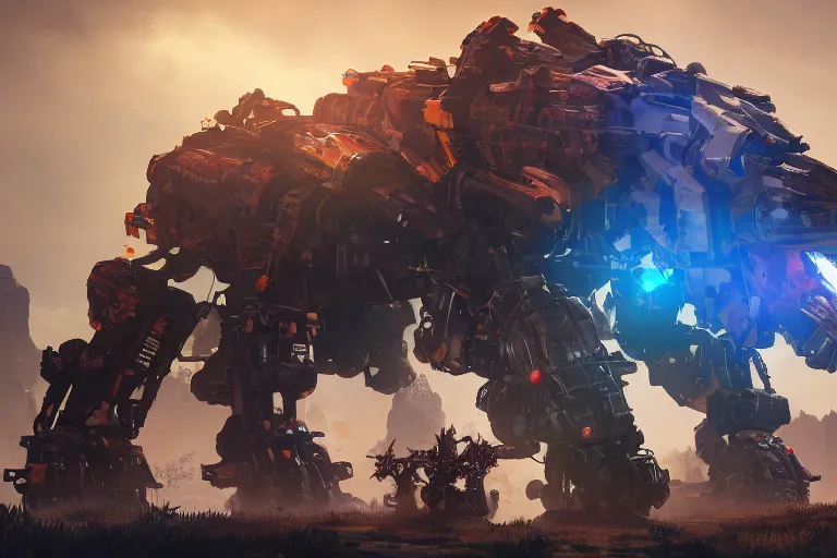 Image similar to behemoth machine mecha animal beast robot of horizon forbidden west horizon zero dawn bioluminiscence global illumination ray tracing hdr fanart arstation by sung choi and eric pfeiffer and gabriel garza and casper konefal