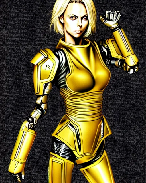 Prompt: hyper realitic render of charlize theron, sci fi warrior in gold hi tech armor, manga style