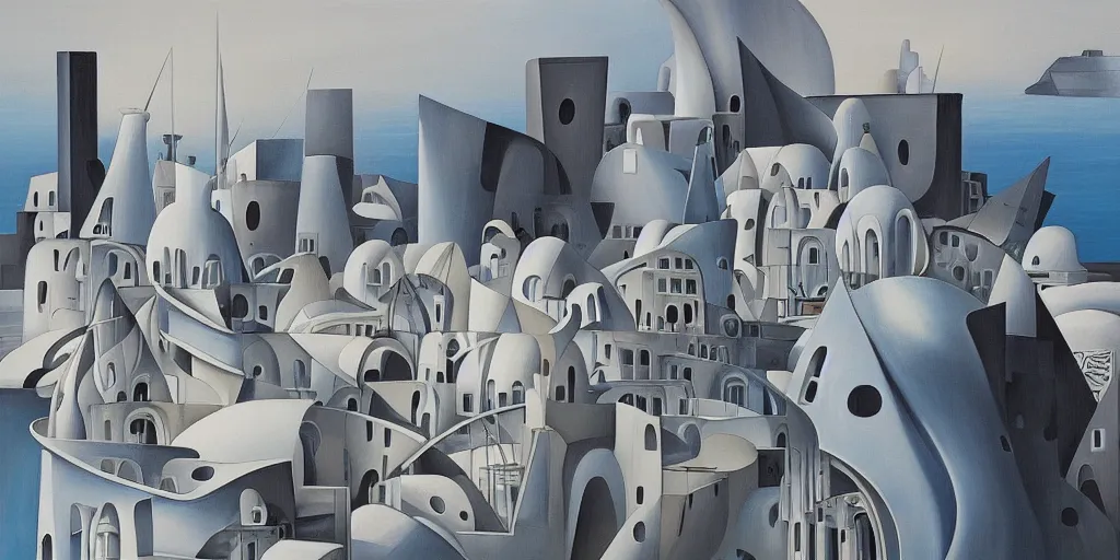 Image similar to a painting of abstract buildings like santorini by zaha hadid and yves tanguy