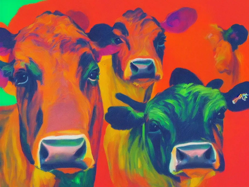 Image similar to Guernsey Cows, bright colors, neon orange, beauty, summer vibes, trending on artstation