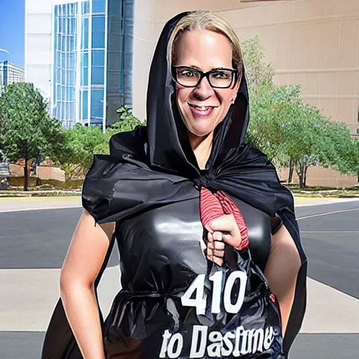 Prompt: full body kyrsten sinema dressed up in a large black plastic garbage bag with drawstrings, ultrarealistic