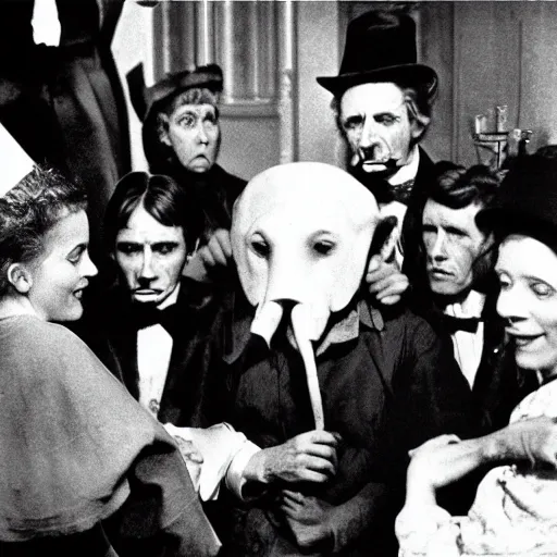 Prompt: the elephant man having a birthday party cinematic 3 5 mm