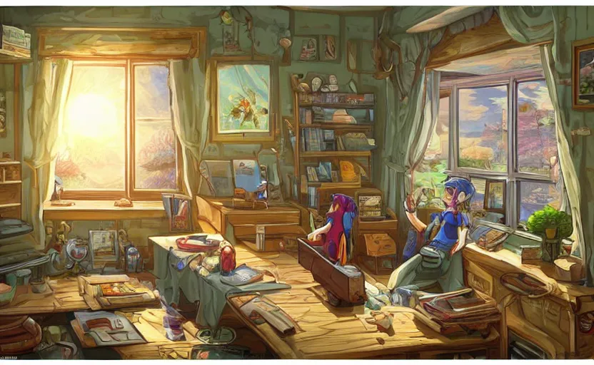 Image similar to Character sitting and relaxing in front of their work desk in their cozy room as a peaceful scene is seen through the room's window. Smooth Highly detailed masterpiece pixel-art. in the style of Close Highly detailed masterpiece professional artistry Sega, Namco, Neogeo, Capcom artist's Pixel-art. Trending on artstation. Slice-of-life genre art. Balanced colors and lighting scheme by James Gurney and artgerm. In the style of a 'Music to chill/study' to youtube video.