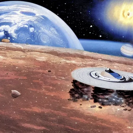 Image similar to an in-orbit space metals excavator, mining ore from asteroids in the rings of a planet with rings, 1970s concept art