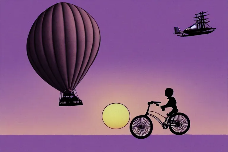 Image similar to kid rides a bicycle waving good bye to the airship at sunset, in the style of otto eckmann, intricate and epic composition, purple by caravaggio, insanely quality, highly detailed, masterpiece, purple light, artstation, 4 k