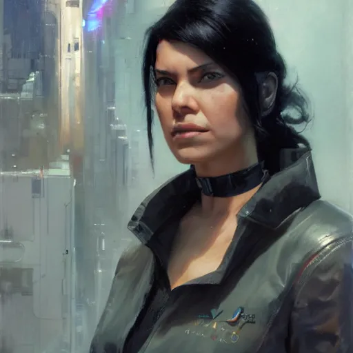 Prompt: a futuristic latin - american woman with black hair and a cunning smirk, sci fi character portrait by greg rutkowski, craig mullins, donato giancola