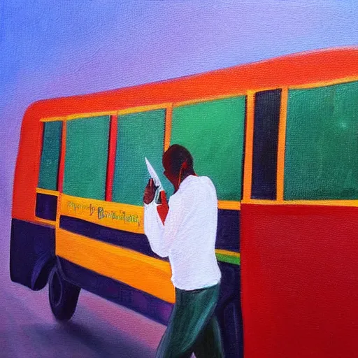 Image similar to guy listening to music bus stop notes colorful painting