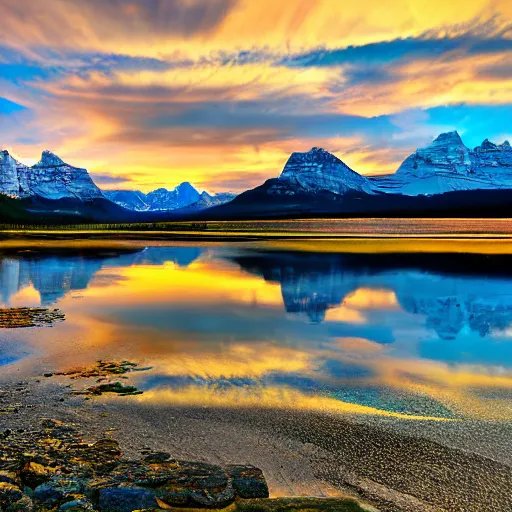 Prompt: lake louis alberta during a sunset, 4k, high detail, high-resolution photograph, professional photography, ultra-detail