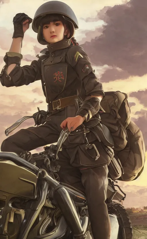 Prompt: panoramic view, a girl riding a motorbike, soldier clothing, battlefield in background, anime style, hair down, symmetrical facial features, realistic hands, from arknights, hyper realistic, 4 k, extreme detail, scifi, trending artstation, safebooru, realistic lighting, by alphonse mucha, greg rutkowski, sharp focus