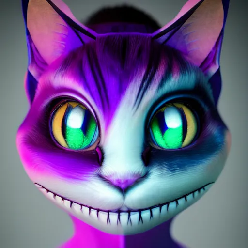 Image similar to vanishing cheshire cat, volumetric lighting, fog, vanishing, disaspora, modelsociety, radiant skin, huge anime eyes, rtx on, perfect face, intricate, sony a 7 r iv, symmetric balance, polarizing filter, photolab, lightroom, 4 k, dolby vision, photography award