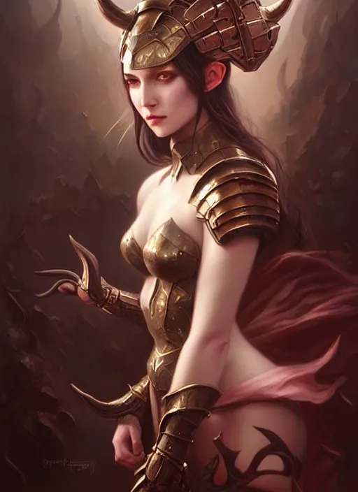 Image similar to a beautiful woman with horns and armor, painted by artgerm and tom bagshaw, fantasy art, dramatic lighting, highly detailed oil painting